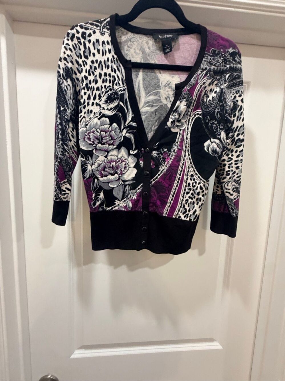 White House Black Market Floral Leopard Cardigan Sweater Button Down Small S